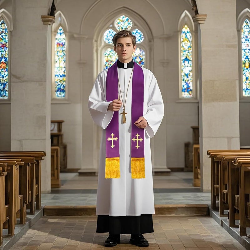 Brilucky Clergy Stole for Men Church Supplies,Choir Stole with Cross for Wedding Officiant Priest Robe Accessories,Baptism Catholic Church Priest Mass Stoles Accessories,Purple Cloth for Easter Cross - Image 4